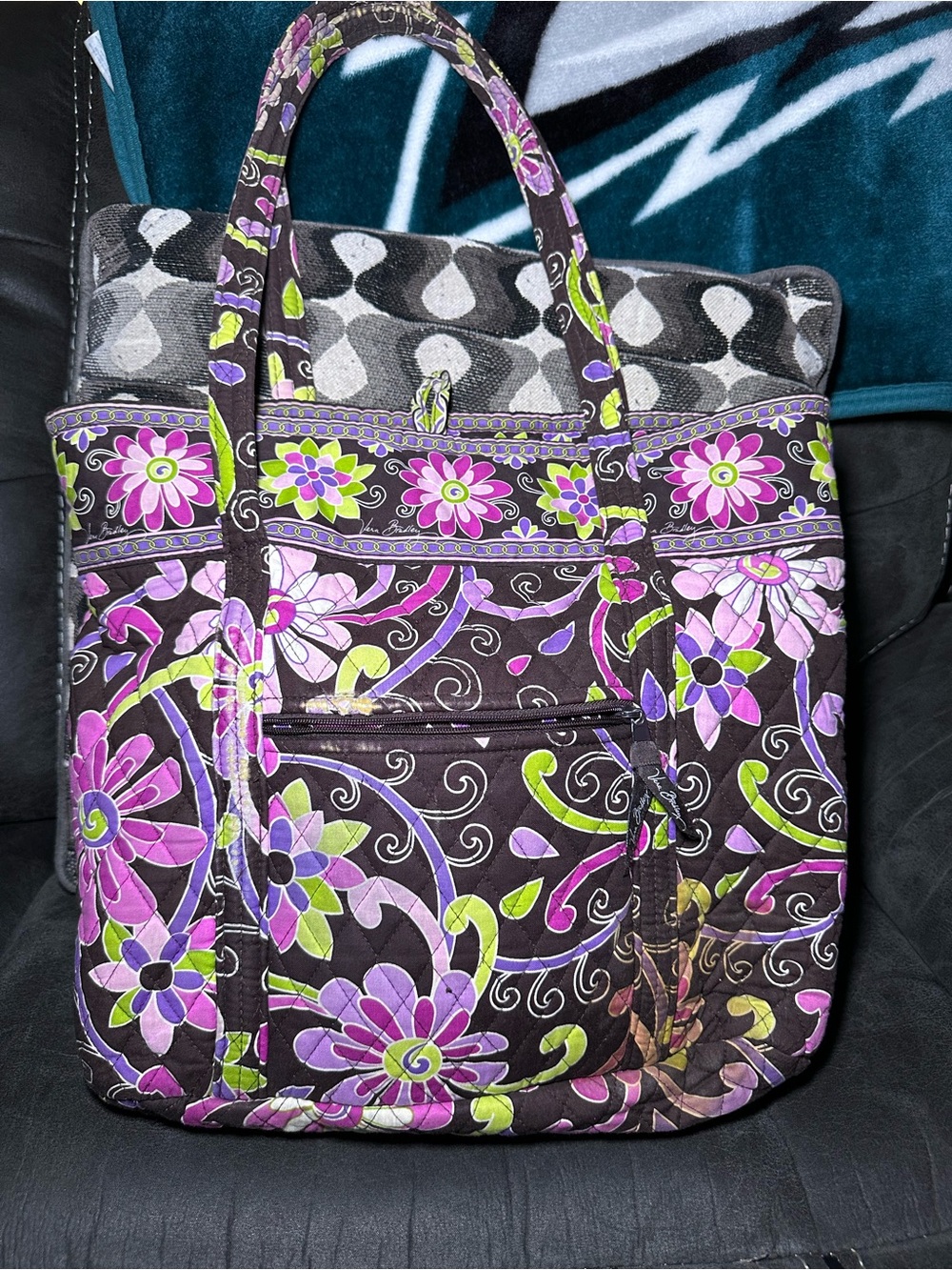 Vera Bradley Purple Floral Quilted Tote with Lime Accents
